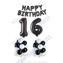 İstoç Parti Happy Bırthday Siyah Renk Folyo Balon Latex Balon  ve Folyo Rakam Seti Yaş 16