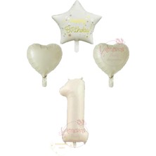 İstoç Parti Istoç Parti Krem Renk Rakam Happy Bırthday Yazılı Yıldız ve Kalpli Folyo Balon Seti Yaş 1