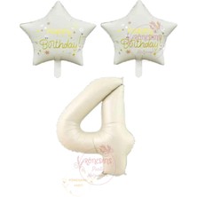 İstoç Parti Istoç Parti Bej Rakam ve Happy Bırthday Yazılı Yıldız Folyo Balon Seti Yaş 4