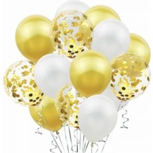 İstoç Parti Metalik Gold Pastel Beyaz Gold Konfetili Şeffaf Balon Seti 15 Adet