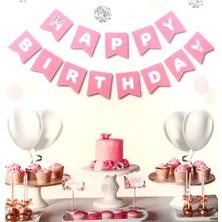 İstoç Parti Pembe Üstüne Gümüş Gri Yaldızlı Happy Birthday Yazılı Doğum Günü Partisi Karton Ipli Yazı Banner