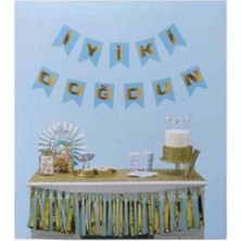 İstoç Parti Flama Karton Bayrak Iyiki Doğdun Yazılı Flama Bayrak Set-Mavi Zemin Gold Renk Yazılı