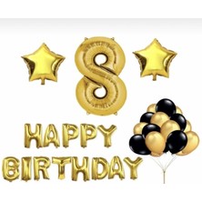 İstoç Parti Gold 8 Yaş Happy Bırthday Folyo Balonlu Yıldızlı Set