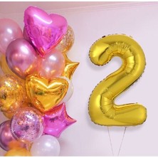 İstoç Parti Pembe Gold Kalp Yıldız Rakam Konsept Balon Seti 2 Yaş