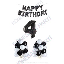 İstoç Parti Happy Bırthday Siyah Renk Folyo Balon Latex Balon  ve Folyo Rakam Seti Yaş 4