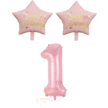 İstoç Parti Istoç Parti Pembe Renk Rakam ve Happy Bırthday Yazılı Yıldız Folyo Balon Seti Yaş 1