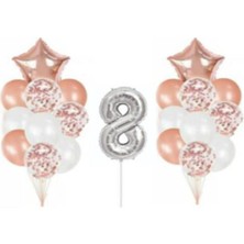 İstoç Parti Gümüş 8 Yaş Rose Gold Konfetili Şeffaf Balon Seti