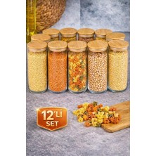 Rosemor 12'li  Kavanoz Vakumlu Bambu Kapaklı Cam Kavanoz  Baharatlık Bakliyat Gıda Saklama Kabı Organizer