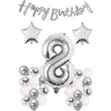 İstoç Parti Gümüş Konsept 8 Yaş Doğum Günü Konfetili Kutlama Seti