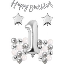 İstoç Parti Gümüş Konsept 1 Yaş Doğum Günü Konfetili Kutlama Seti