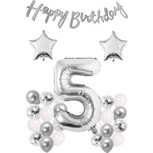 İstoç Parti Gümüş Konsept 5 Yaş Doğum Günü Konfetili Kutlama Seti