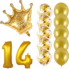 İstoç Parti 14 Yaş Kral Taçlı Gold Konfetili Şeffaf Balon Seti