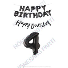 İstoç Parti Happy Bırthday Siyah Renk Folyo Balon Kaligrafi Banner ve Rakam Seti Yaş 4