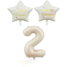 İstoç Parti Istoç Parti Bej Rakam ve Happy Bırthday Yazılı Yıldız Folyo Balon Seti Yaş 2