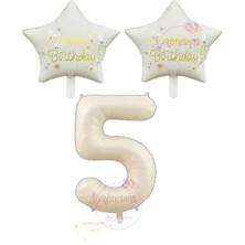 İstoç Parti Istoç Parti Bej Rakam ve Happy Bırthday Yazılı Yıldız Folyo Balon Seti Yaş 5