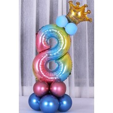 İstoç Parti Gökkuşağı Renkleri Rakam Balon Altın Taçlı 8 Rakamlı Balon Seti