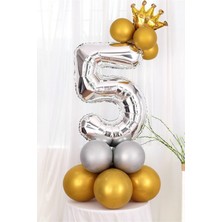 İstoç Parti Gümüş Renk 5 Yaş Krom Gold-Gümüş Renkler Altın Taçlı Balon Seti