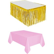 İstoç Parti Gold Metalize Masa Etegi + Plastik Pembe Masa Örtüsü