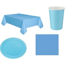 İstoç Parti Mavi Masa Örtüsü Bardak Tabak Peçete Seti 8 Kişilik