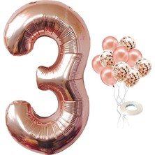 İstoç Parti 3 Yaş Rose Gold Rakam Balon Konfetili Balon Seti