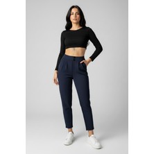 Evolaria Kadın Yüksek Bel Çift Düğmeli Havuç Model Bilek Boy Krep Pantolon – Lacivert