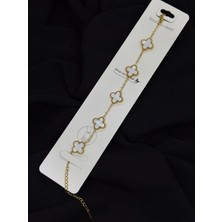 316L Çelik Gold Renk Yonca Van Cleef Beyaz Orta Boy Bileklik