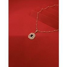 Lacivert Taşlı Gold Kolye
