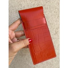 Pinkylola Design - Sofisticate2 Model Turuncu Kroko Baskılı Hakiki Deri Kalemlik, Kalem Kutusu, Fırçalık
