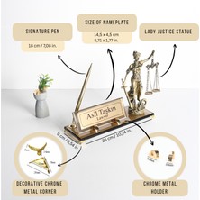 Bronz Cam Kalemli Masaüstü Isimlik - El Boyaması Themis Adalet Heykeli - Avukat Hakim Hediyesi