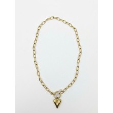 Kristal Taşlı Altın Kalp Çelik Kolye