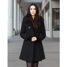 Barbora Büyük Düğmeli Yaka Detaylı Siyah Kaşe Kaban