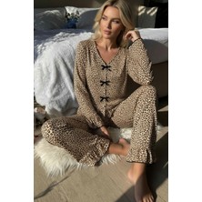 Erdo Kadın Uzun Kollu Leopar Desenli Fiyonklu Ev Giyim Pijama Takımı