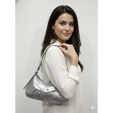 adissa collection Rocker - Tokalı Metal Halkalı Baget Çanta | Gümüş Aksesuarlı Punk Hobo