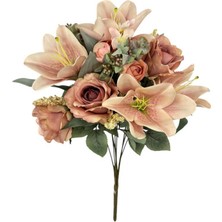 Nettenevime Yapay Çiçek Gül Kurusu Renk Aranjman Demeti 9dallı Buket Gül Lilyum ve Aradal Çiçekleri 50*35CM