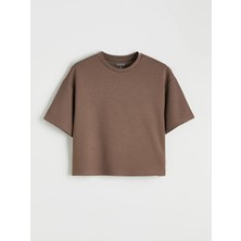 LC Waikiki Kahverengi Bisiklet Yaka Soft Touch Oversize Kadın Tişört  (S6)