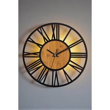 Muyika LED Işıklı Metal Duvar Saati 50 cm – Pilli Sessiz Mekanizma, Ahşap Detaylı Modern Dekoratif Tasarım