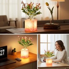 Bsre Pembe Mermer Desenli Işıklı Dekoratif Kırmızı Çiçekli Masa Lambası