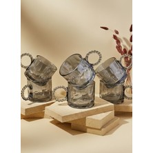 Skygo 6 Lı  325 ml Cam Kupa Dalgalı Boncuklu Kulplu  Büyük Boy Çay Kupası