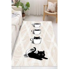Pelura Halı Kahve Fincanı ve Kedi Temalı Dijital Baskılı Yıkanabilir Kaymaz Taban Halı