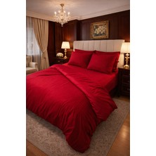 Zeren Home %100 Pamuk Saten Kırmızı Çizgili Çift Kişilik Nevresim Kılıfı Takımı 6 Parça