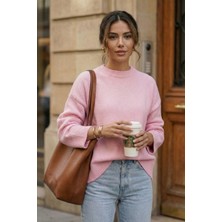 Abay Butik Kadın Pembe Salaş Basic Triko Kazak Bisiklet Yaka Yumuşak Dokulu Günlük Kazak