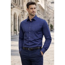 COLVİ'S MAN Erkek Lacivert Desenli Likralı Regular Fit Uzun Kol Gömlek Hediye Kutulu