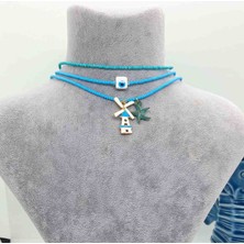 Yağmur Kadın Kolye Takımı 3 Lü Set Deniz Marin Tema Yazlık Plaj Tatil Balayı Kombini Mavi Renk Nazar Boncuk  Yıldız Yel Değirmeni Mavi Turkuaz