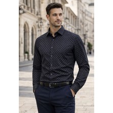 COLVİ'S MAN Erkek Siyah Desenli Likralı Regular Fit Uzun Kol Gömlek Hediye Kutulu