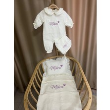 Handemnakış Tasarım Isimli Nakışlı Müslin 4'lü Hastane Çıkış Seti -Tulum Şapka Battaniye Yastık Kılıfı