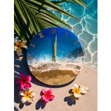 Akdeniz Esintili Okyanus Koleksiyonu Epoksi Duvar Saati 40 Cm, El Yapımı Modern Tasarım, Altın Roma Rakamlı, Sessiz Mekanizma