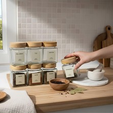 EYD 6 Adet 300ML Bambu Kapaklı Baharatlık Vida Kapaklı Cam Kavanoz  (Etiket + Ölçü Kaşığı)