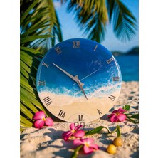 Okyanus Koleksiyonu – Maldivler – Epoksi Duvar Saati 40 Cm, El Yapımı Tasarım, Gümüş Roma Rakamlı, Sessiz Mekanizma