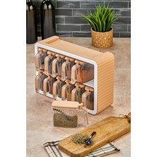 Özbience 12'li Standlı Kendinden Yapışkanlı Kapaklı Baharatlık Takımı, Kulplu, Bej