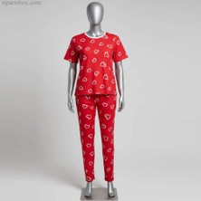 Sipariş Box Kırmızı Kalp Desenli Kadın Pijama Takımı
